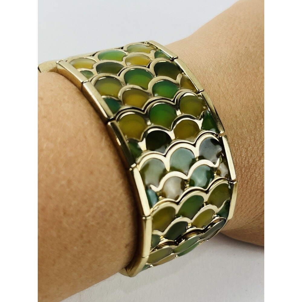 1970s Monet Fish Scale Clamper Bracelet Gold-Tone Green Yellow Vintage Mermaid